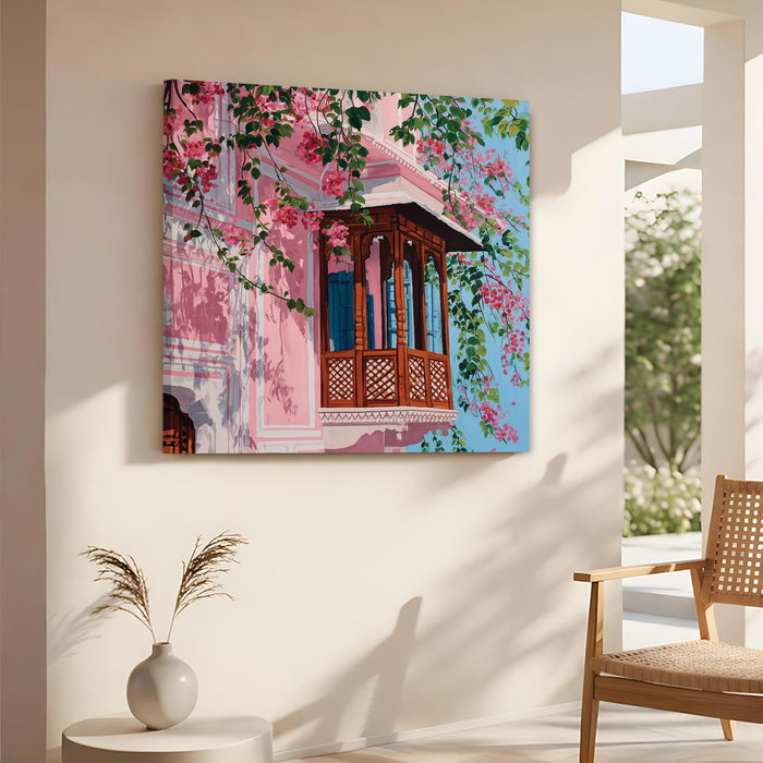 Traditional Indian Architecture & Pink Bougainvillea Floral Painting For Living Room, Jaipur Balcony Stretched Canvas Wall Art, Modern Boho for Living Room, Office & Home Decor (56xx56 cm)