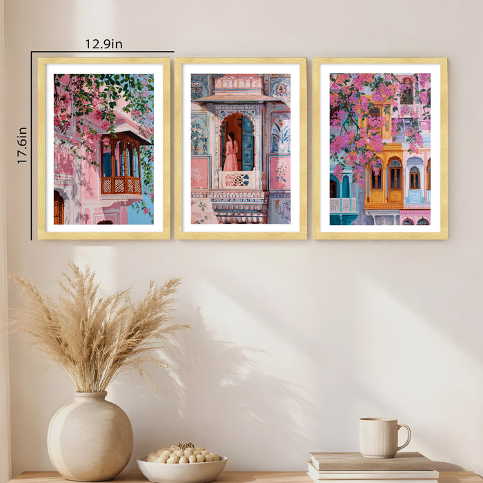 Abstract Indian Traditional A3 Framed Poster for Living Room With Frame, Women's Day Gift Abstract Architecture Framed Posters for Home Decor Bedroom Hallways Office Hotel Set of 3, Size 33x45 cm
