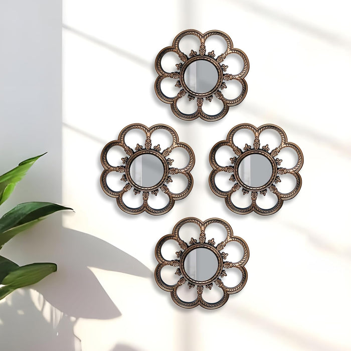 Beautiful Flower Shape Wall Mirrors Set of 4, Round Shape Bronze Decorative Wall Mirror (Bronze, Size -10 x 10 Inchs)