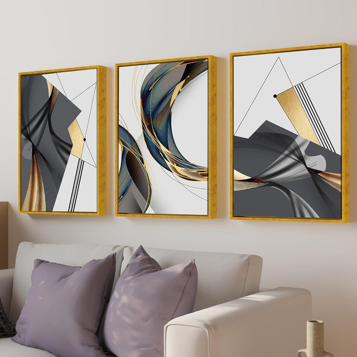 Nordic Abstract Golden Canvas Painting For Home Decor, Geometric Industrial Style Framed Art Prints (17x23 Inch, Set of 3)