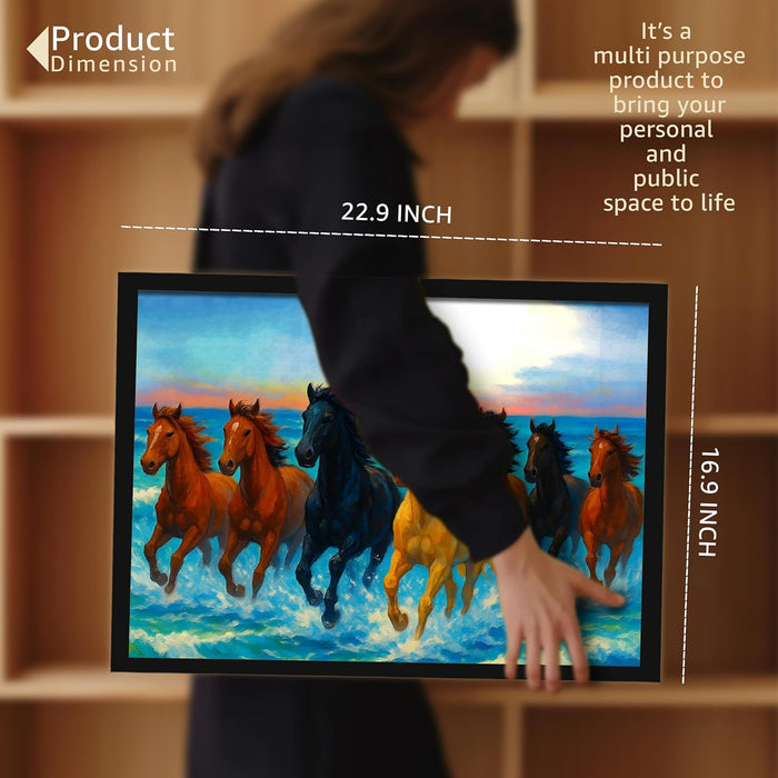Seven Running Horses Wall Art Vastu Feng Shui Multicolor | Canvas Painting Stretched on Wood | Suits For Vastu-Friendly Place (16x22 Inch)
