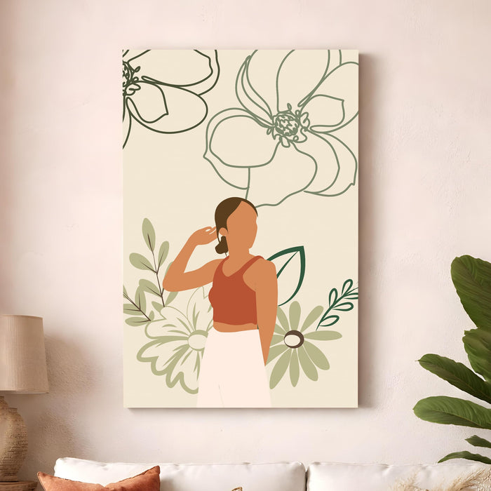 Boho Woman Floral Stretched Canvas Painting For Living Room | Feminine Figurative Stretched Canvas Wall Art For Livingroom Home Decor, Bedroom, Hallway's, Office, Hotel - 56x86 cm