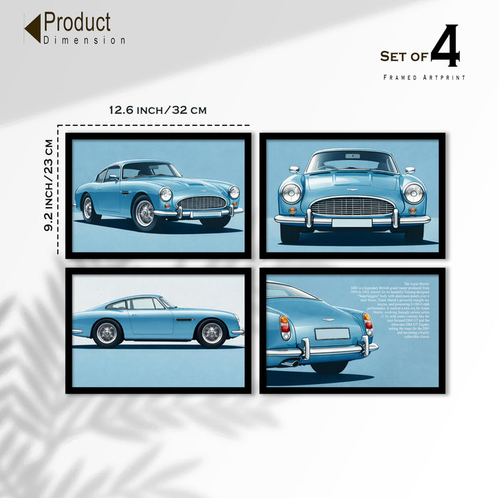 Classic British Luxury Car Framed Wall Art Painting Set of 4 | Retro Blue Automobile Illustration Prints for Living Room, Office & Studio Décor, 23x32 cm