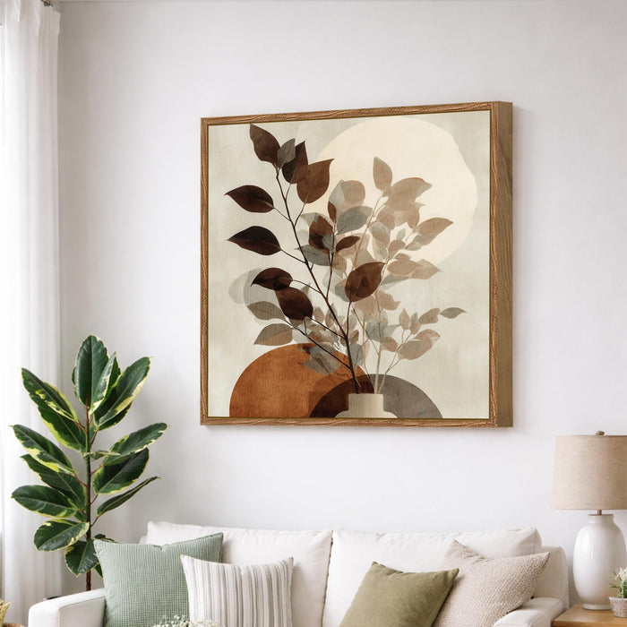 Abstract Vase Leaf Framed Painting For Living Room | Modern Botanical Large Canvas Painting With Frame Wall Art For Bedroom, Hallway's, Office, Hotel, Size 58x58 cm