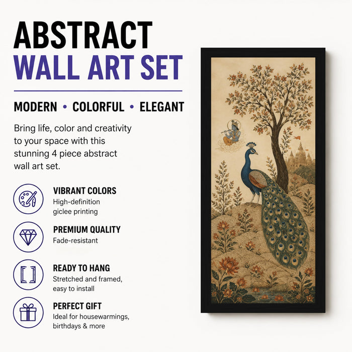 Traditional Indian Heritage Framed Wall Art Painting For Living Room | Peacock, Deer, Woman Artwork Poster with Frame for Wall, Decoration item for Bedroom, Set of 4, Size 9.5x19.5 Inch