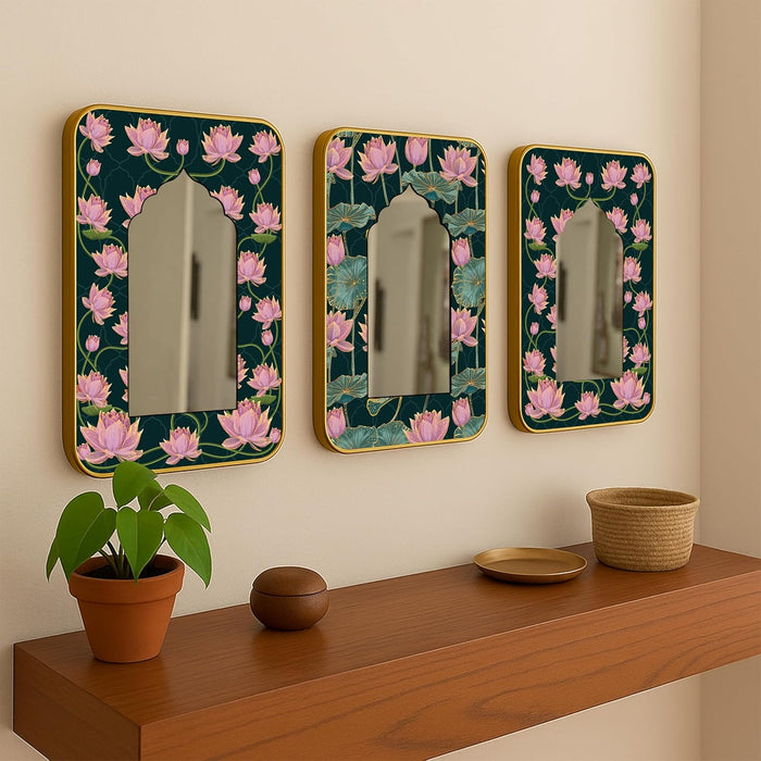 Decorative Jharokha Acrylic Mirror Set of 3 Lotus Flowers Printed Gold Metal Finish Décor Mirror (8.2x12.2 Inches)