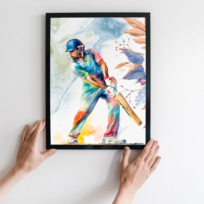 Art Street Framed Wall Hanging Art Print of Cricket Batsman in Action Sports Poster For Home Decor, Living Room, Hotel and Office Decor, (12.7X17.5 Inch)