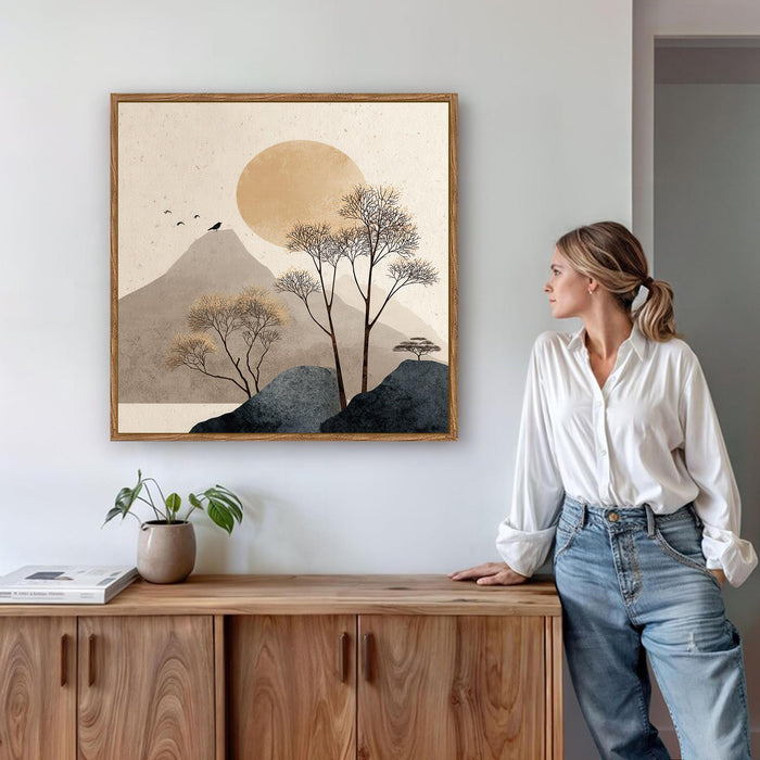 Boho Mountain Sun Landscape Framed Painting For Living Room | Japandi Abstract Landscape Large Canvas Painting With Frame Wall Art For Bedroom, Hallway's, Office, Hotel, Size 58x58 cm