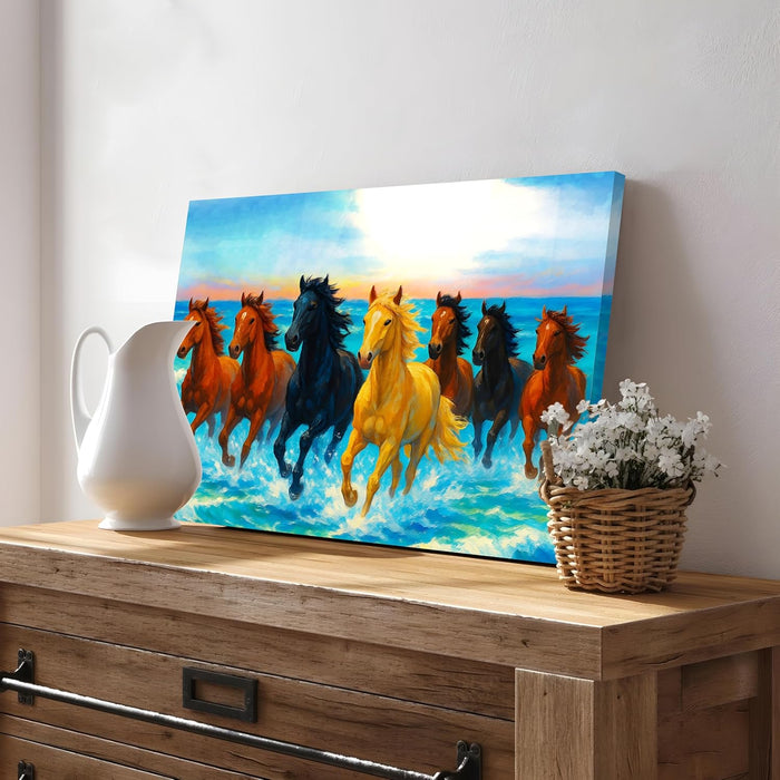 Seven Running Horses Wall Art Vastu Feng Shui Multicolor | Canvas Painting Stretched on Wood | Suits For Vastu-Friendly Place (16x22 Inch)