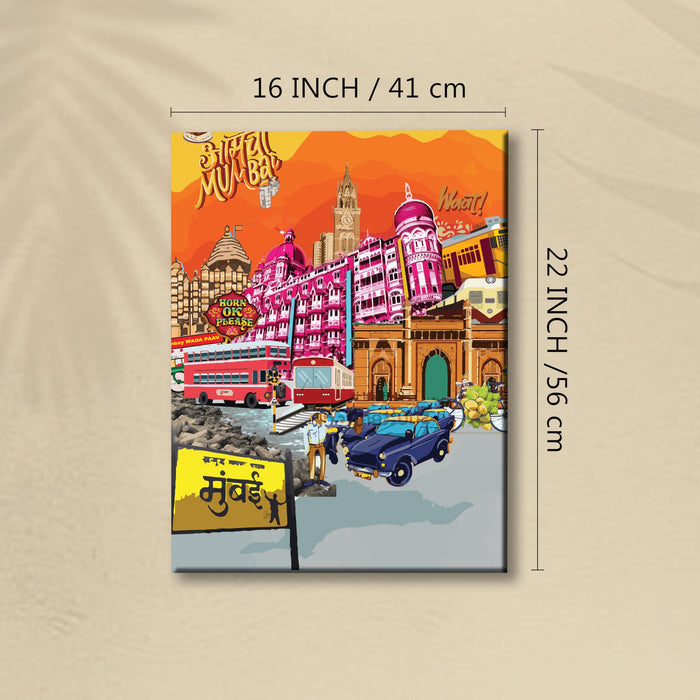 Mumbai Landmarks Collage Mixed Media Canvas Wall Painting | Travel pop art Canvas Wall Painting For Home and Office Wall Décor (41x56 cm)