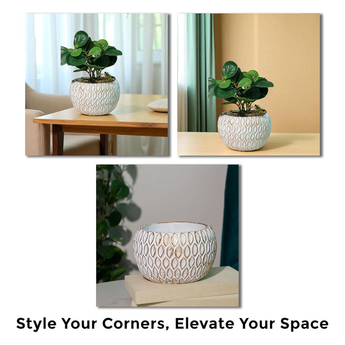 Handmade Cement Flower Pot Indoor Outdoor Plant Pot, Fade Resistant White and Golden Elegant Leaf Pattern Vase, Flower Vase Cemented Flower Vases 10x13 cm