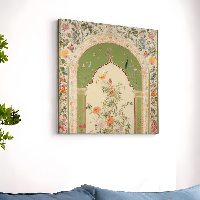 Traditional Indian Mughal Art Stretched Canvas Wall Art Painting For LIving Room, Pichwai Floral Jharokha Design with Enchanted Blossoms & Birds for Living Room, Office & Home (56xx56 cm)