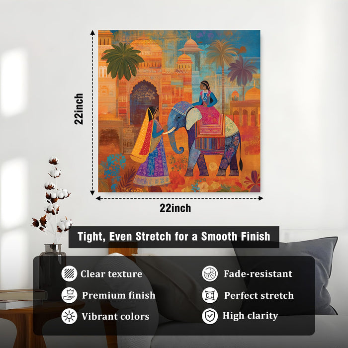 Royal Indian Elephant & Mughal Palace Stretched Wall Art Painting For Living Room, Traditional Rajasthani Folk Print Featuring Ethnic Women & Haveli Architecture For Home Decor (56xx56 cm)