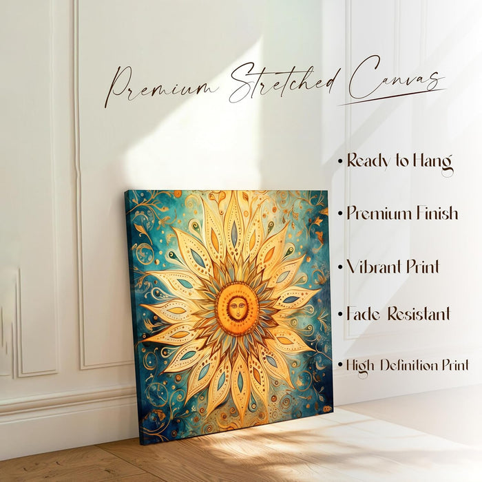 Multicolor Abstract Canvas Framed Painting Wall Art - Mustard Teal Beige Folk Art Sun Abstract Canvas Wall Décor Painting (58x58 cm)