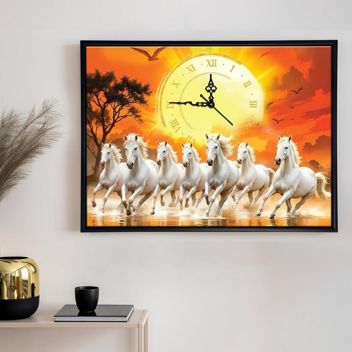 Landscape Abstract Vastu 7 White Running Horses Feng Shui Multicolor Framed Canvas wall art With Clock | Painting with clock | For Vastu Friendly Place, Living room, Bedroom 43x58 cm