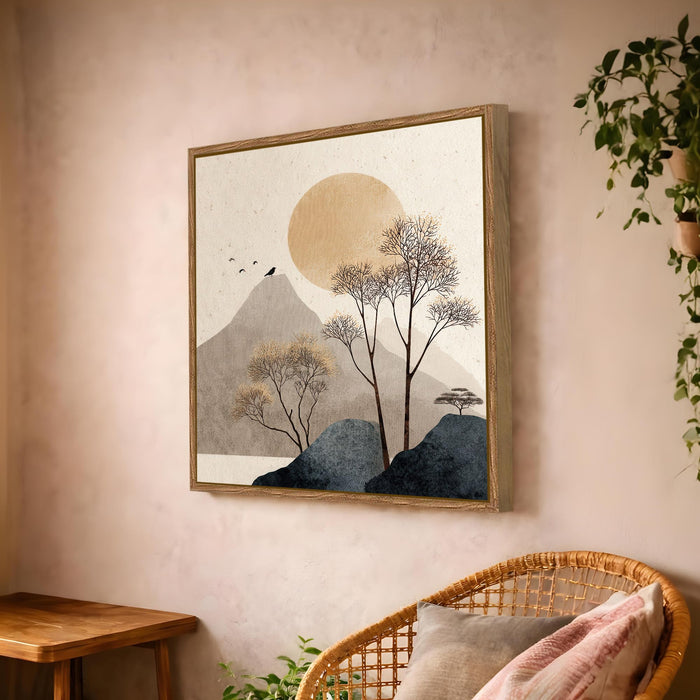 Boho Mountain Sun Landscape Framed Painting For Living Room | Japandi Abstract Landscape Large Canvas Painting With Frame Wall Art For Bedroom, Hallway's, Office, Hotel, Size 58x58 cm
