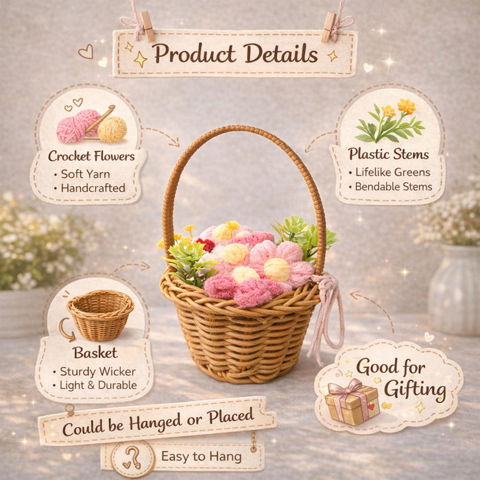 Art Street Handcrafted Crochet Flower Basket with Wicker Handle Decorative Table Accent, Artificial Flower Arrangement Gift Basket for Home Decor, Desk Styling, Shelf Decoration & Festive Gifting