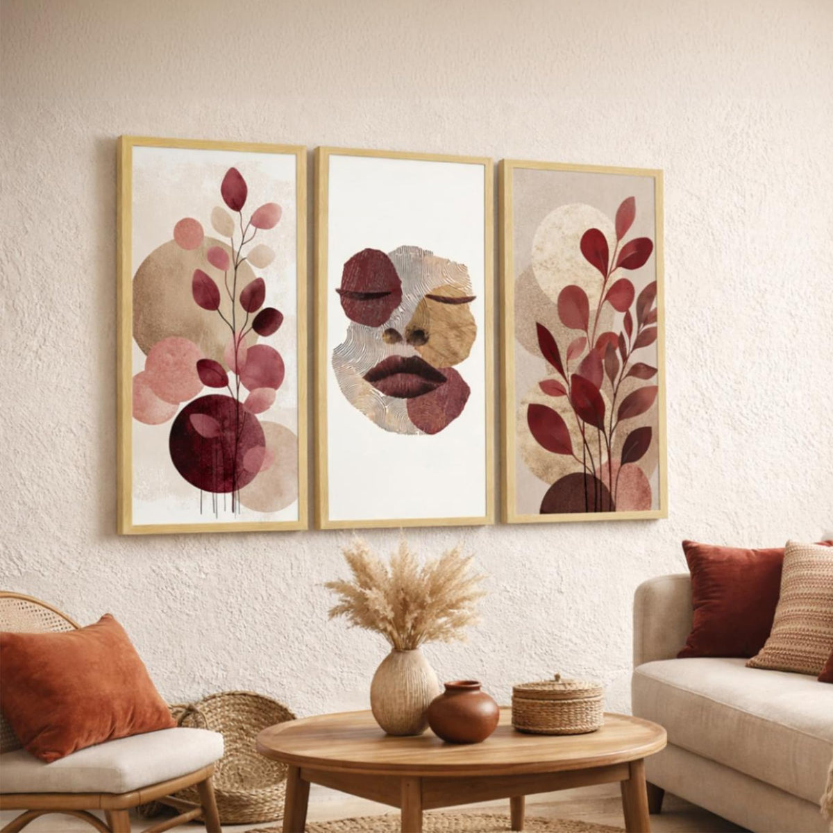 Abstract Botanical & Face Framed Wall Art Set of 3 | Modern Boho Wall ...