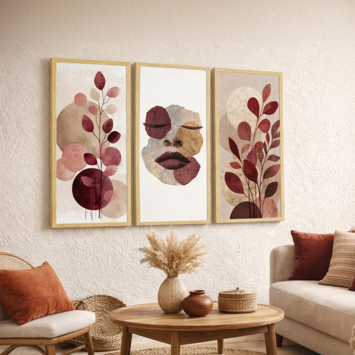 Abstract Botanical & Face Framed Wall Art Set of 3 | Modern Boho Wall Décor | Engineered Wood Frame Prints for Living Room, Bedroom & Office, 8.9x18.9 Inch
