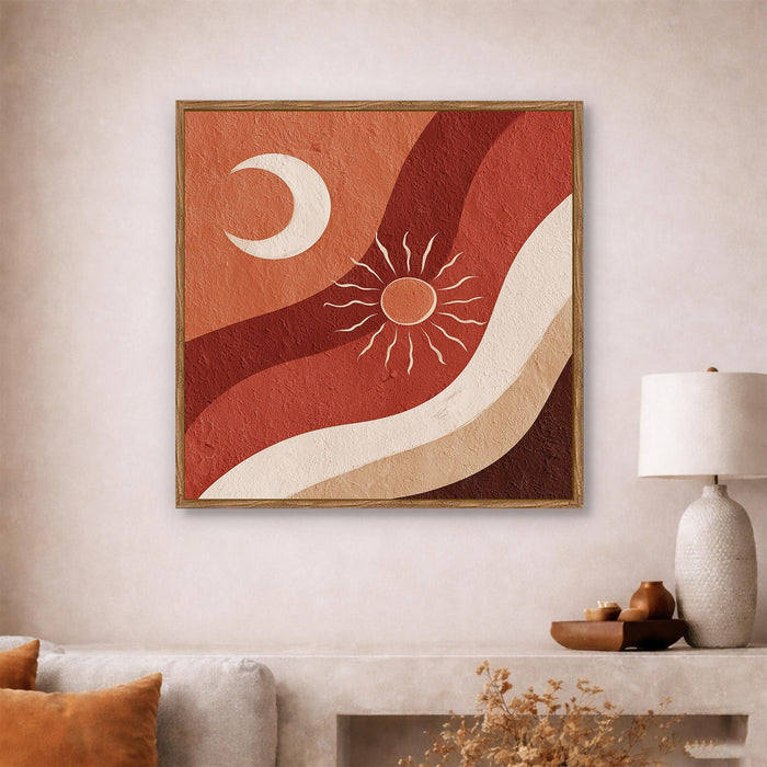 Boho Sun Moon Framed Painting For Living Room | Abstract Desert Large Canvas Painting With Frame Wall Art For Bedroom, Hallway's, Office, Hotel, Size 58x58 cm