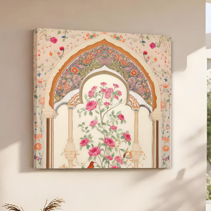 Indian Mughal Wall Art Painting For Living Room, Modern Miniature Style Stretched Canvas Wall Art Poster, Floral Peacock Motif Painting for Living Room, Office & Home Decor (56xx56 cm)