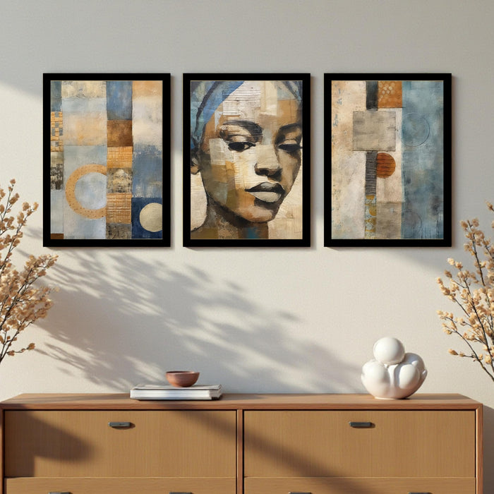 Abstract Woman Face A3 Framed Painting for Living Room With Frame, Women's Day Gift Abstract Aesthetic Framed Paintings for Home Decor Bedroom Hallways Office Hotel Set of 3, Size 33x45 cm