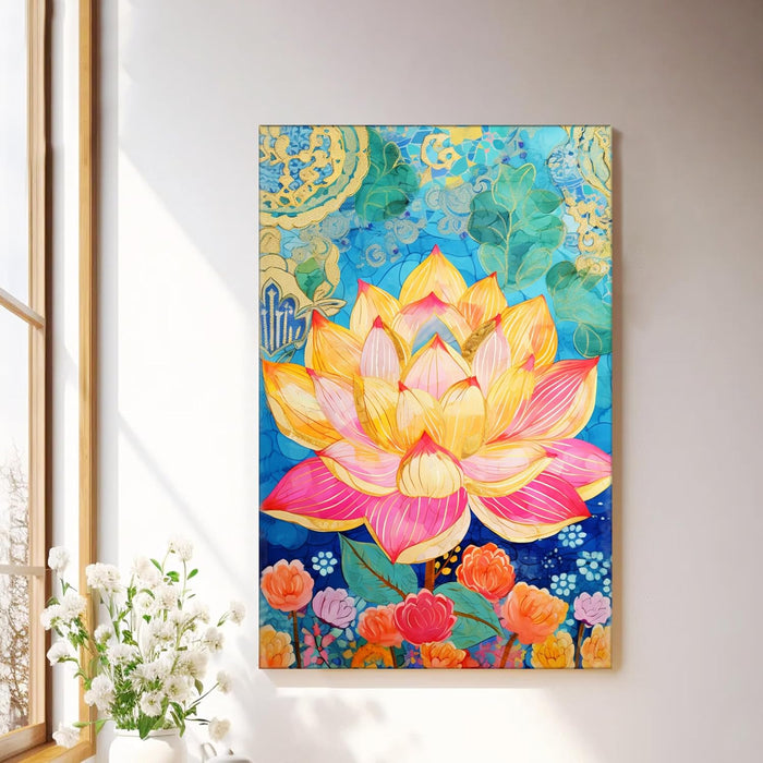 Modern Abstract Multicolor Lotus Flower Art Stretched Canvas Painting with Frame – Canvas Wall Art – 23x35 Inch Framed Canvas