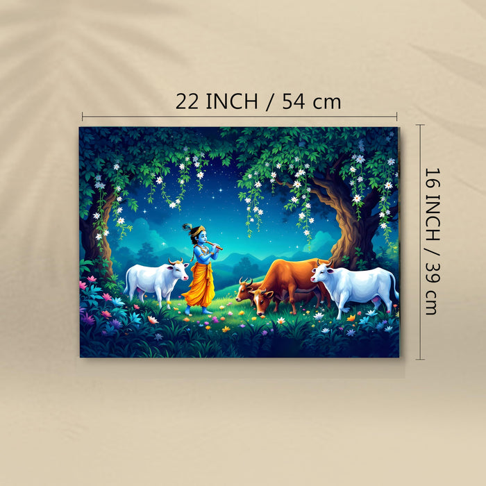 Lord Krishna Canvas Wall Painting with Cows | Vrindavan Krishna Flute Art | Spiritual Religious Wall Decor for Living Room, Bedroom, Office (16x22 Inch)