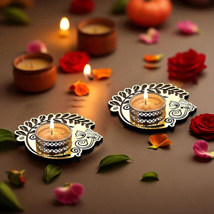 Decorative Diwali Tealight Diya Holders for Home Decoration, Dipawali Décor Items, Diwali Temple Decoration - MDF Wood Tea Light Candle Holder Deity Ganesha Motif Stand –11x11 cm