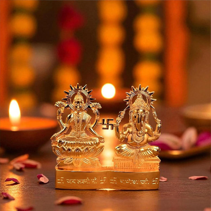 Metal Jay Lakshmi Ganesh Ji Brass Finished Idol Standable Statue Plate Brass Finished Idols for Deepawali Decoration, Ganesha 11x11 cm