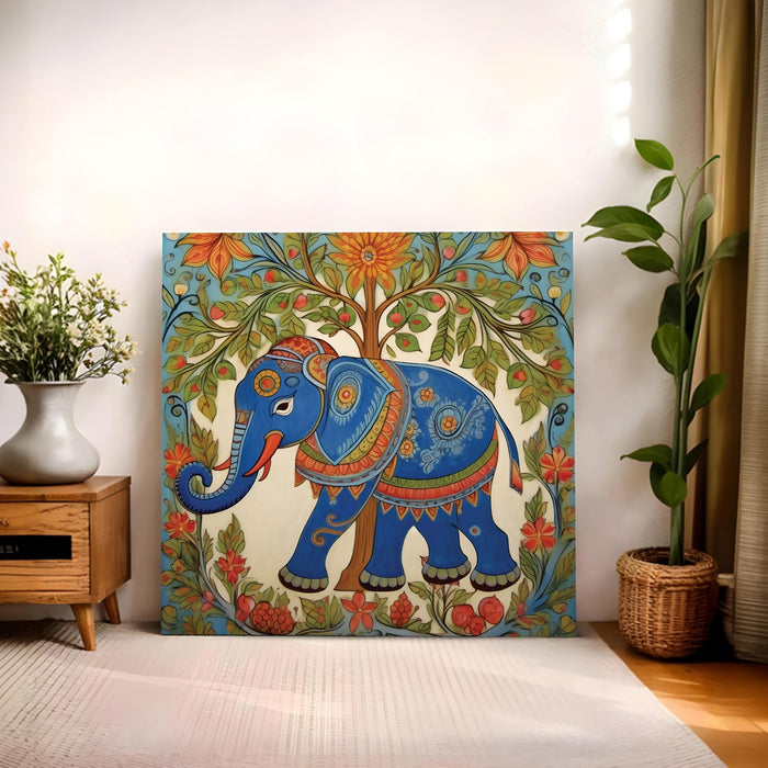 Madhubani Elephant Stretched Canvas Wall Art Painting For Living Room, Traditional Indian Folk Tree of Life Painting With Frame, Ethnic Home Decor for Living Room, Office & Vastu (56xx56 cm)