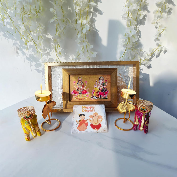 Diwali Gift Hamper Combo Set, Handmade Decorative Serving Tray, One Laxmi & Ganesh Table Photo Frame, Two Tealight with Elephant Diya & Greeting Card for Pooja Decor (Gold, 11x6 Inch Tray)