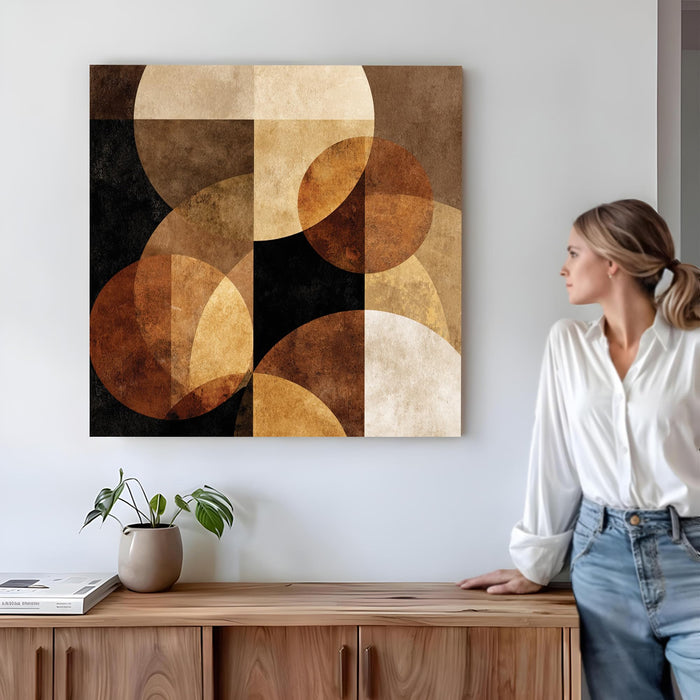 Abstract Geometric Stretched Canvas Wall Art Painting For Living Room, Mid-Century Modern, Minimalist Round Overlapping Shapes in Earthy for Living Room & Office (56xx56 cm)