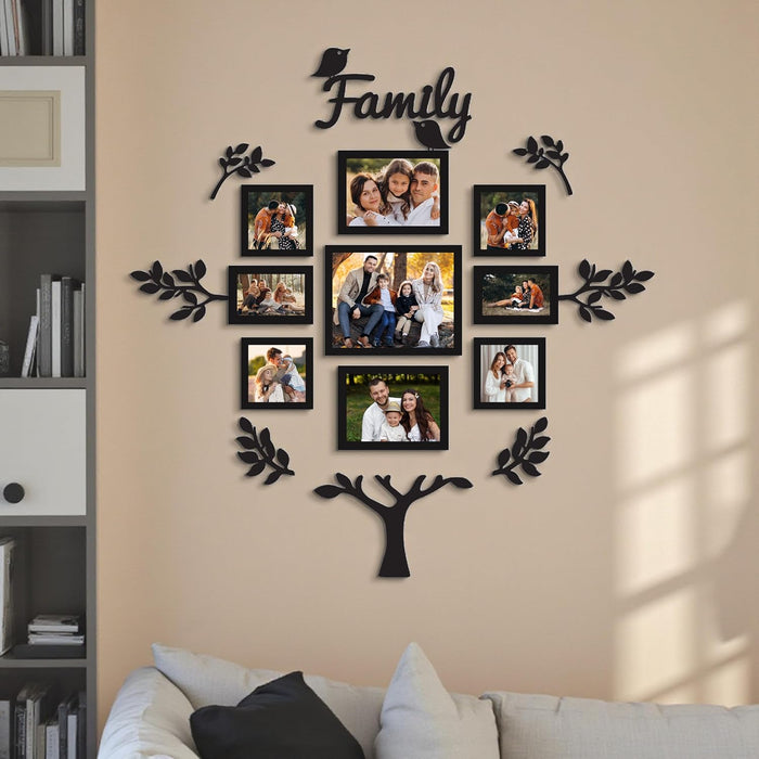 Family Tree Wall Photo Frame Set Pack of 9 with 10 MDF Cutouts for Home Decoration Wall Photo Frame Collage for Living Room Bedroom