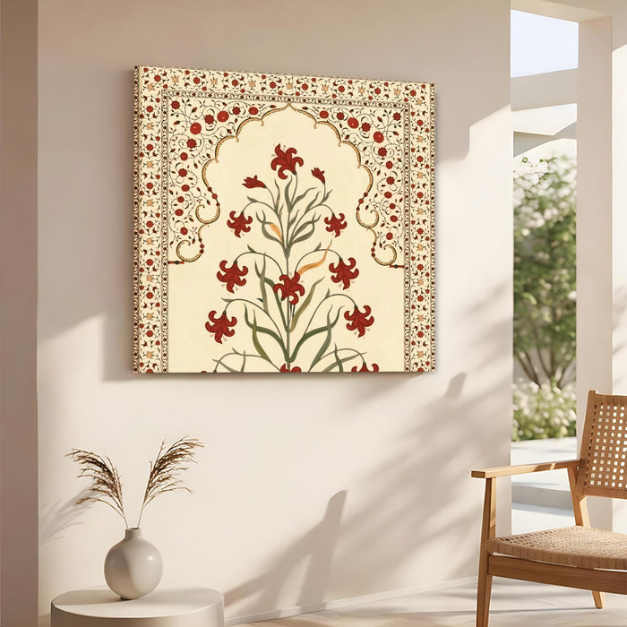 Traditional Indian Mughal Art Stretched Wall Painting for Living Room, Floral Jharokha Design with Crimson Blossoms, Ethnic Decor for Living Room, Office & Home Decor (56xx56 cm)