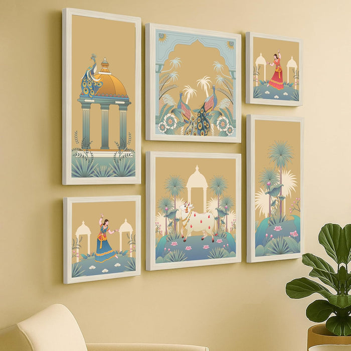 Framed Wall Art Print Pack of 6 Framed Wall Decoration Art Prints Traditional Indian Pichwai 24x48, 34x34 and 24x24 cm, Beige