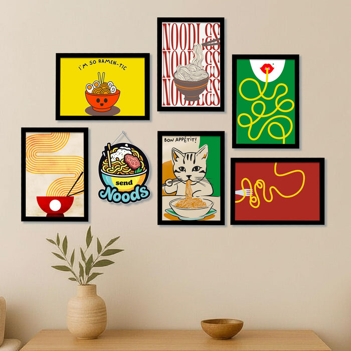 Ramen & Noodle Wall Art Framed Painting Kitchen Food Illustration & Typography Painting with Frame Dining & Café Wall Décor for Restaurant, Home and Bar Set of 7 (1 MDF wall Hanging), 9x13 Inch