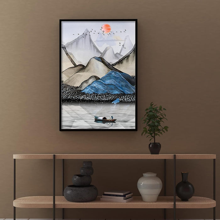 Wall Art Print Serene River Mountains Digital Decorative Luxury Paintings with Frame for Home Decoration (Blue, 22 X 34 Inches)