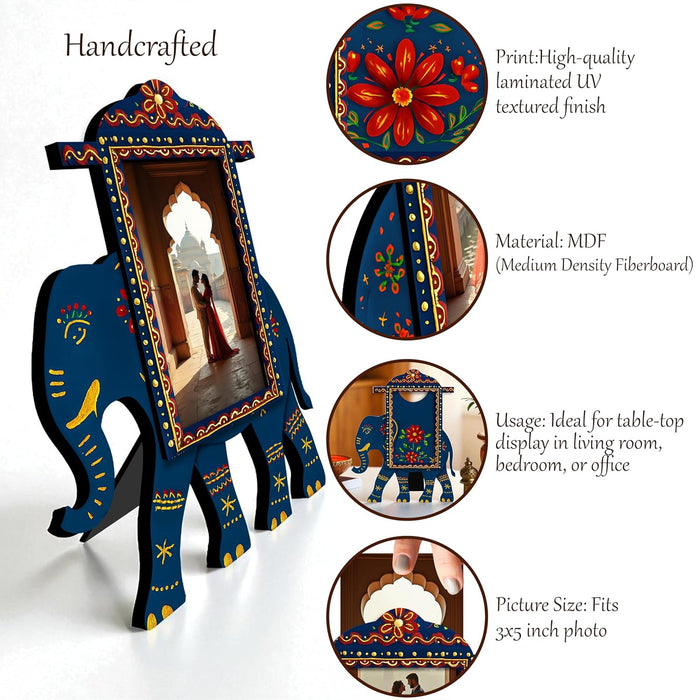 Elephant Photo Frame Handcrafted Indian MDF Decorative Tabletop Frame Ethnic Rajasthani Handpainted Wooden Elephant Photo Frames 18x22 cm