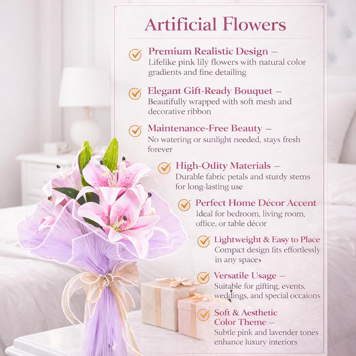 Art Street Artificial Pink Lily Flower Bouquet with Decorative Wrapping