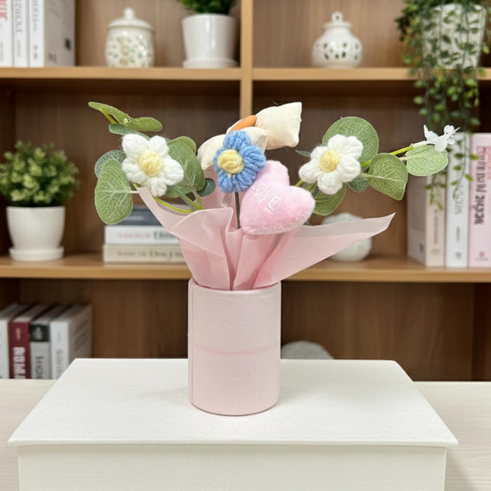 Art Street Handmade Knitted Flower Bouquet in Pink Gift Box – Artificial Daisy & Eucalyptus Arrangement with Soft Fabric Heart | Decorative Table Décor & Gift for Birthday, Anniversary, Valentine