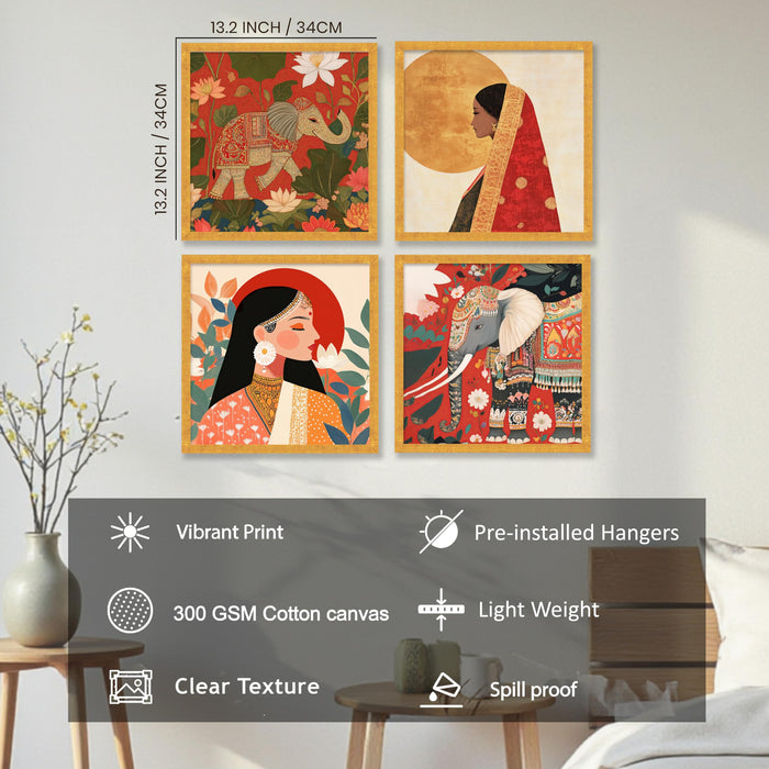 Indian Ethnic Wall Art Set of 4 | Royal Elephant & Traditional Woman Paintings | Premium Wall Décor for Living Room, Home & Office, (13.2x 13.2 inch)