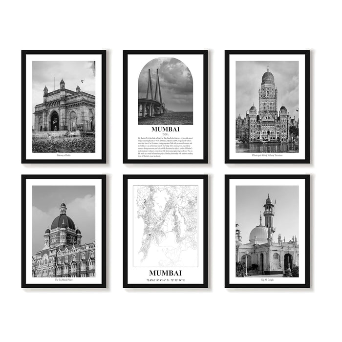 A3 Mumbai Gallery Wall Art Framed Posters, Decorative Art Prints (Size:13x18 Inch, Pack of 6)