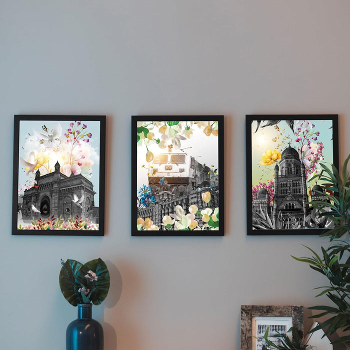 Art Street Laminated Framed Wall Art Prints Ancient Building Art For Décor Abstract Art (Set of 3, Size - 12.7x17.5 Inch)