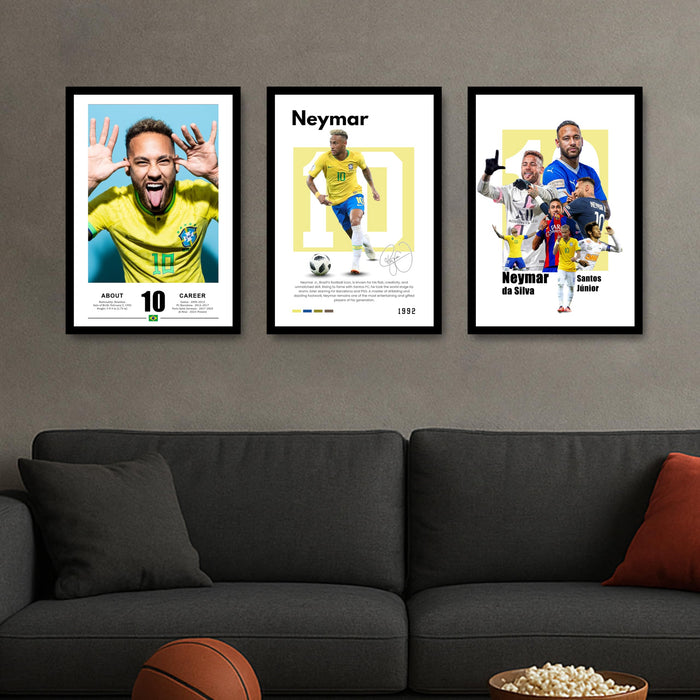 Neymar Jr Brazil Sports Painting With Frame for living room, Football Player Framed Wall Art Painting for Home Decor Set of 3, Size 13.6 by 17.9 Inch