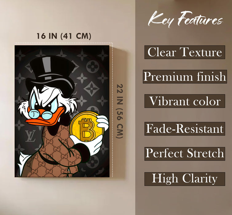 Luxury Money Duck Pop Art Stretched Canvas Painting Print| Cartoon Style Crypto Wealth Wall Art | Modern Graffiti Artwork for Home & Office Décor, 41x56 cm