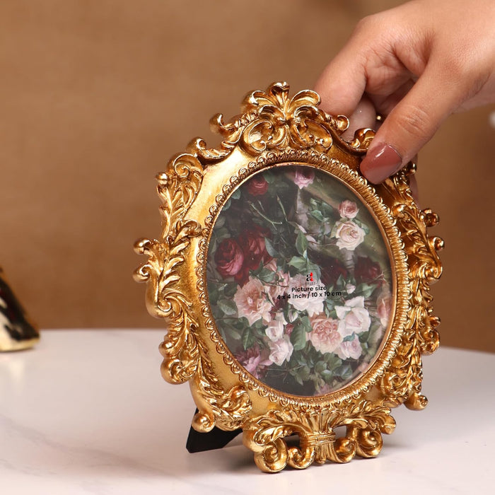 Vintage 4x4 Inch Photo Frame Golden Brown Round – European Style Resin Picture Frame, Tabletop or Wall Display, Antique Decorative Design, 10x10 cm