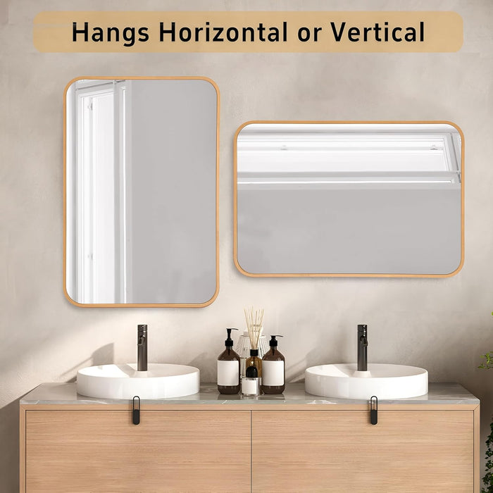 Rectangular Decorative Wall Mirror with Aluminum Metal Frame Gold | Rounded Rectangular Vanity Mirror (Gold, 46x61 cm)