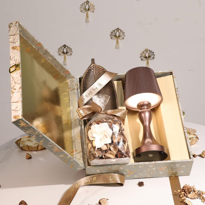 Diwali Gift Hamper Box with Table Lamp, Vanilla Scent Potpourri and Tray, Friends and Relatives (Pack of 3)