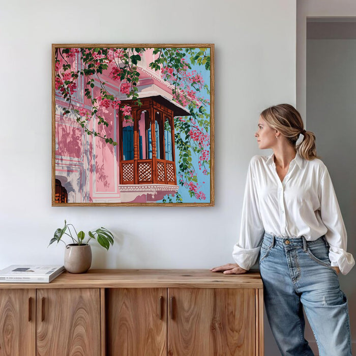 Jaipur Pink City Framed Painting For Living Room | Jharokha Art Large Canvas Painting With Frame Wall Art For Bedroom, Hallway's, Office, Hotel, Size 58x58 cm